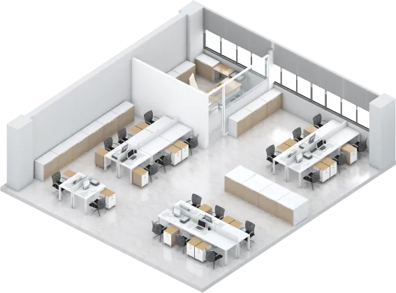Isometric render of a private office for a large team