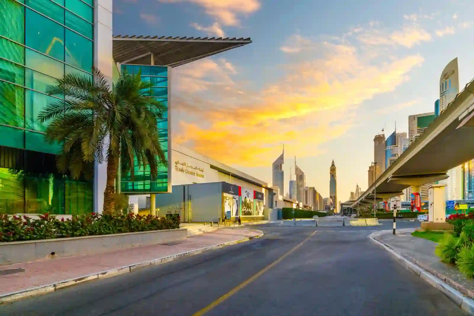 The Trade Centre Arena building at Dubai World Trade Centre at sunset